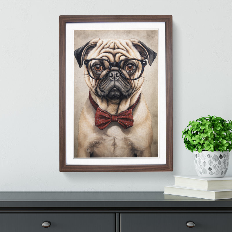 Pug With Glasses - Single Picture Frame Print on Wood, Walnut, 46cm H x 34cm W x 2cm D