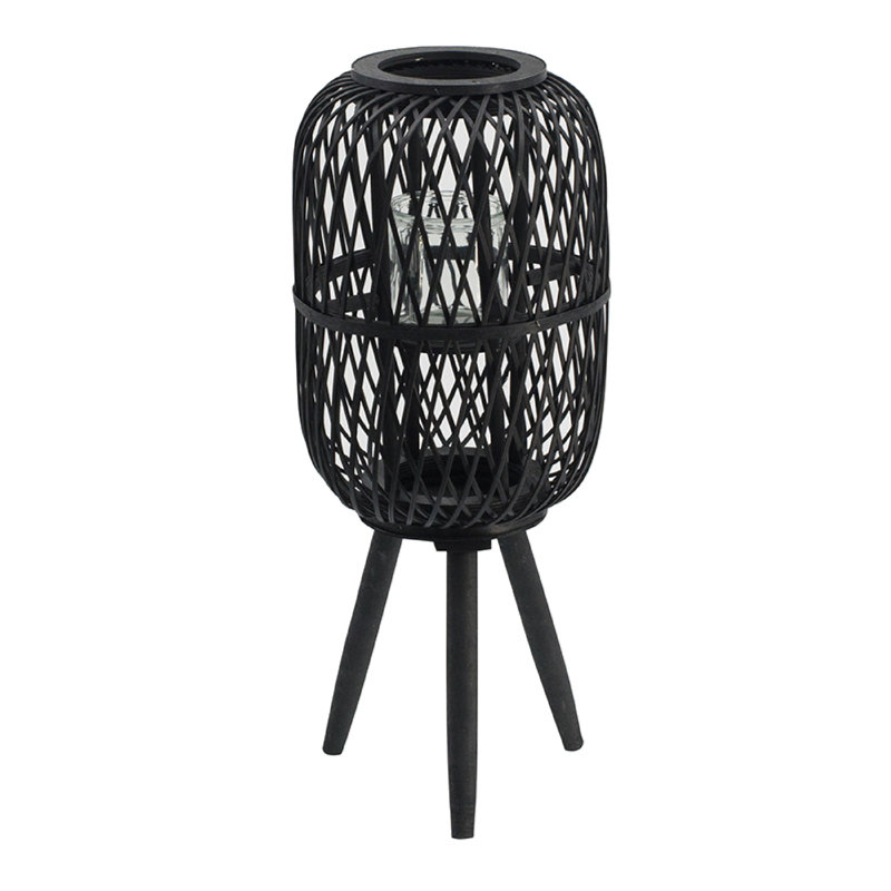 Lantern, Glass Insert with Black Bamboo Lattice Tripod Frame, 24 Inch