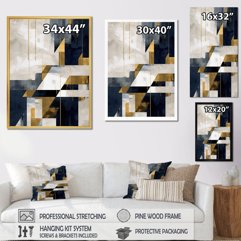 Gold Blue Shapes In Harmony, reproduction d'art sur toile, H 40 po x l 30 po x P 1,5 po, Cadre simple noir