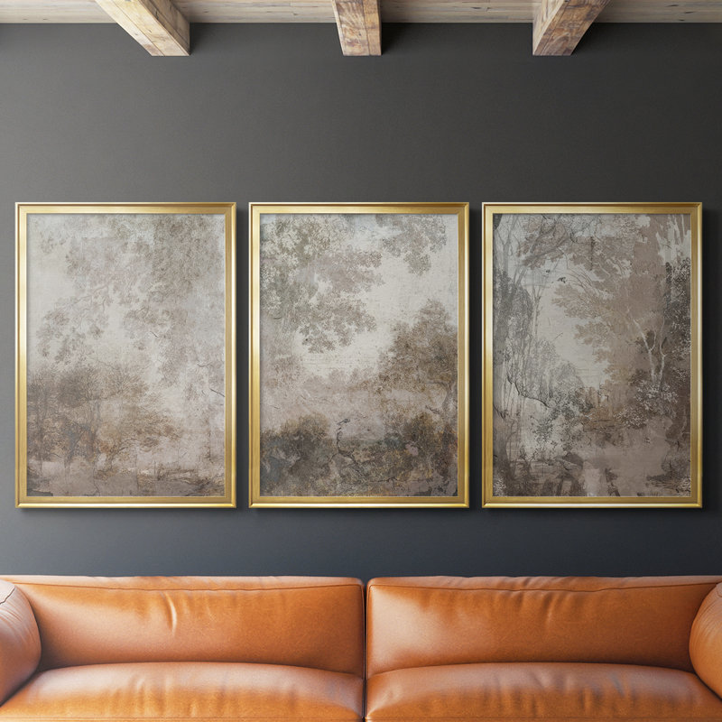 Fresco Collage I - Toile tendue avec châssis sur mesure - 3 pièces, H 19 po x l 27 po, Doré