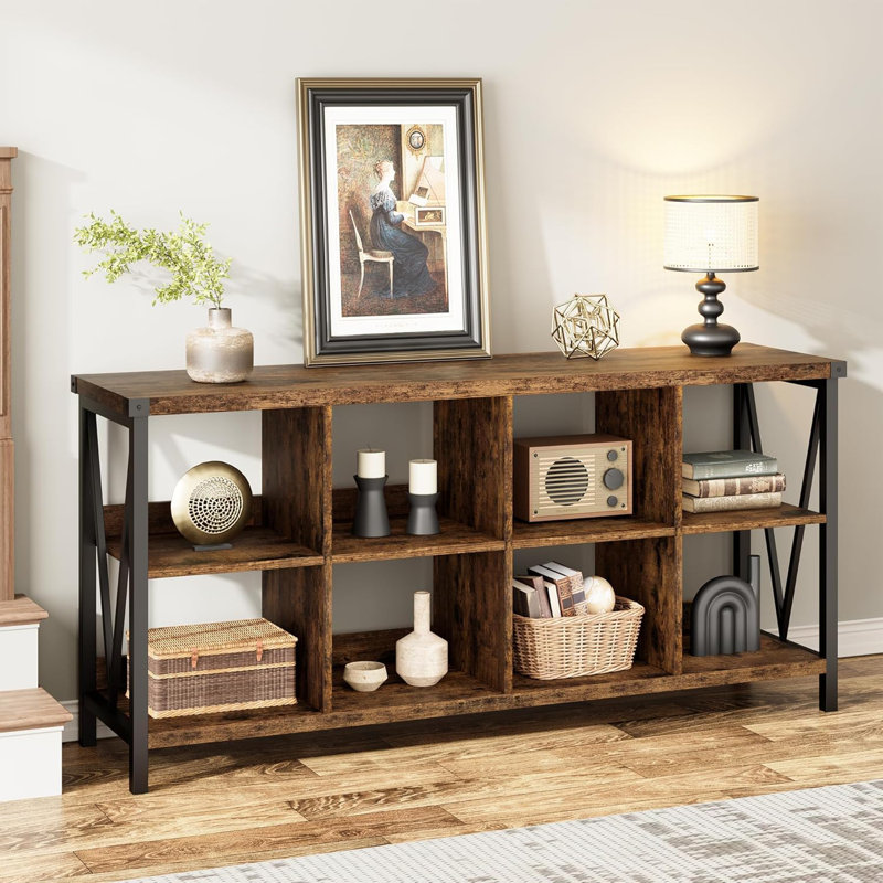 Geron 62" Extra Long Industrial Console Table Sofa Table, 8 Cube Storage Organizer Bookcases, 3 Tier Farmhouse Console Table