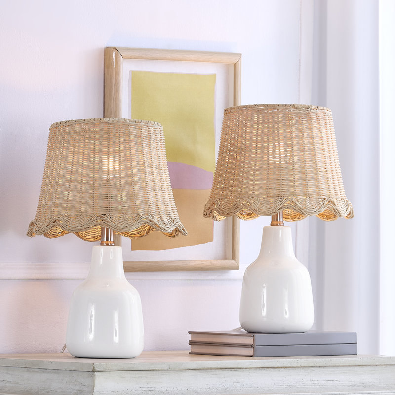 16.5" Coastal Country White Ceramic Table Lamp Handwoven Rattan Shade for Bedroom Living Room, White