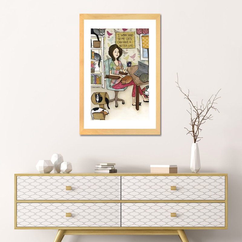 « Cats Better Life » par Jamie Morath-impression, Blanc, H 24 po x l 16 po x P 1 po, Toile avec cadre en bois beige