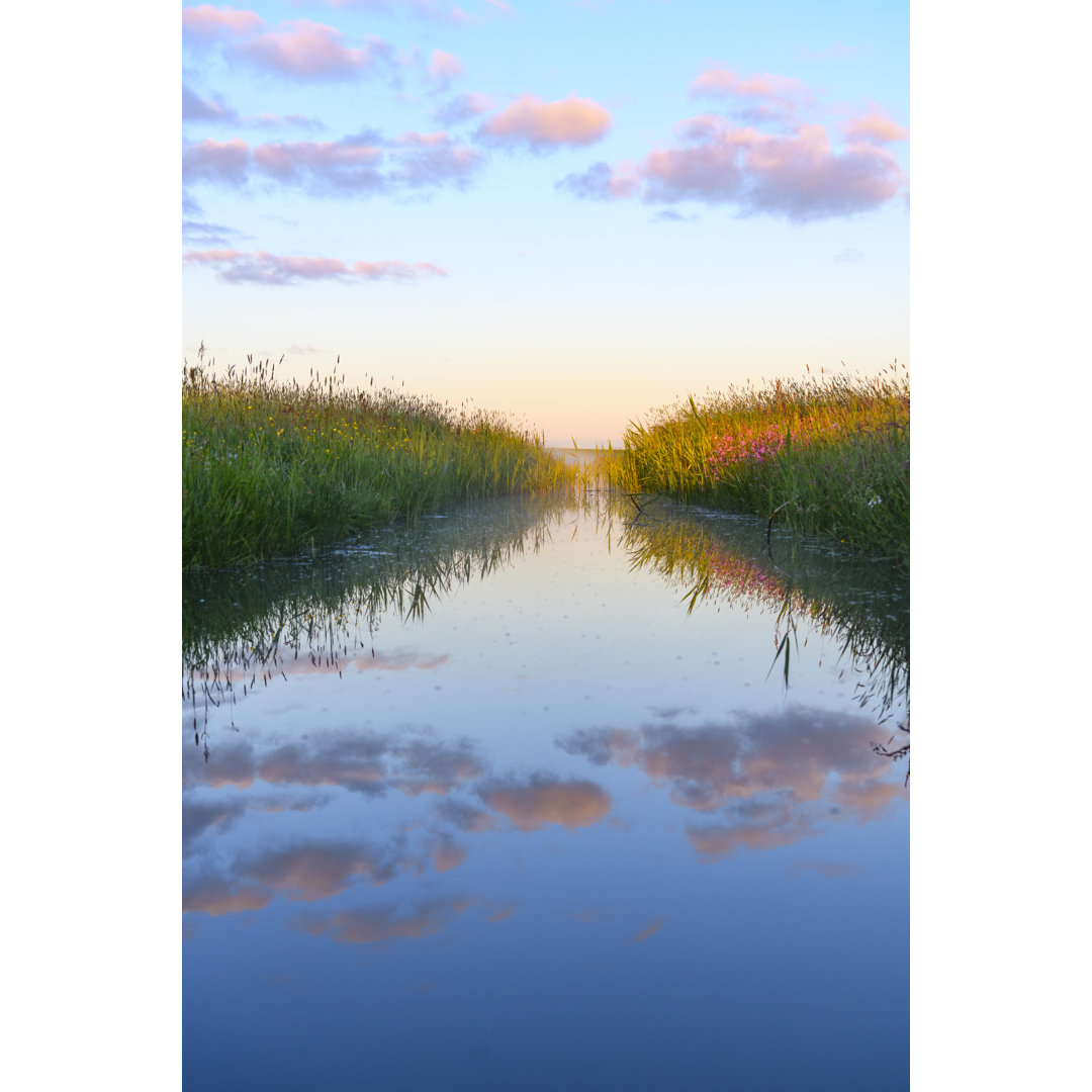 Morgendlicher Sonnenaufgang über einem Bach während eines schönen Frühlings in der Nähe von Kampen, Zwartendijk