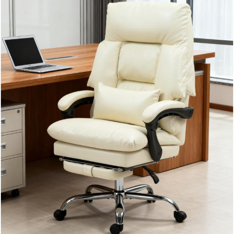 Chaise de bureau rembourrée à dossier haut avec repose-pieds, Blanc, crème