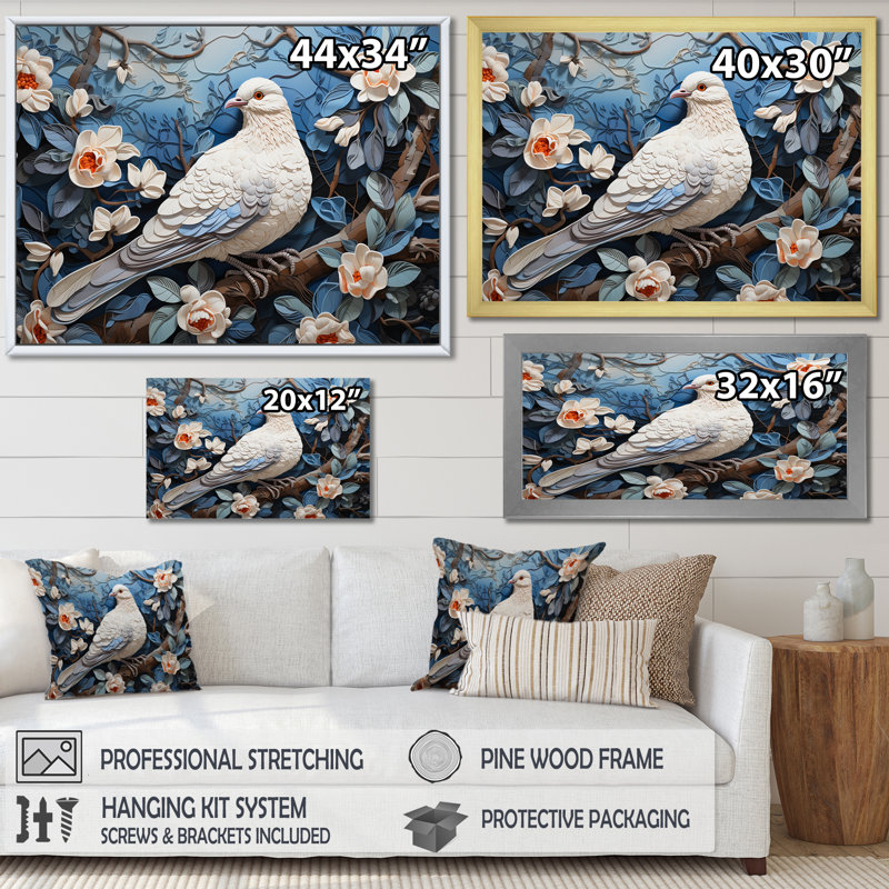 Colombe bleue et blanche I - art Dovewall, Cadre d'angle fermé blanc, H 30 po x l 40 po x P 1,5 po