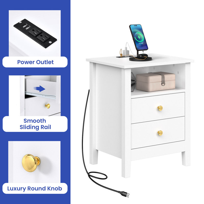 Senara 2-Drawer Modern Nightstands with Built-in Charging Station, 2pcs, White