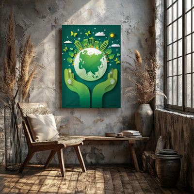 "Toile", une illustration vibrante mettant en vedette deux mains vertes stylisées berçant un art mural représentant le respect de l'environnement