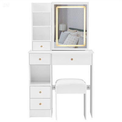 Petite coiffeuse 29,2 po avec tabouret de bureau à gauche et tabouret rembourré, grande tablette tactile, miroir à réglage de la luminosité, rangement à grande capacité