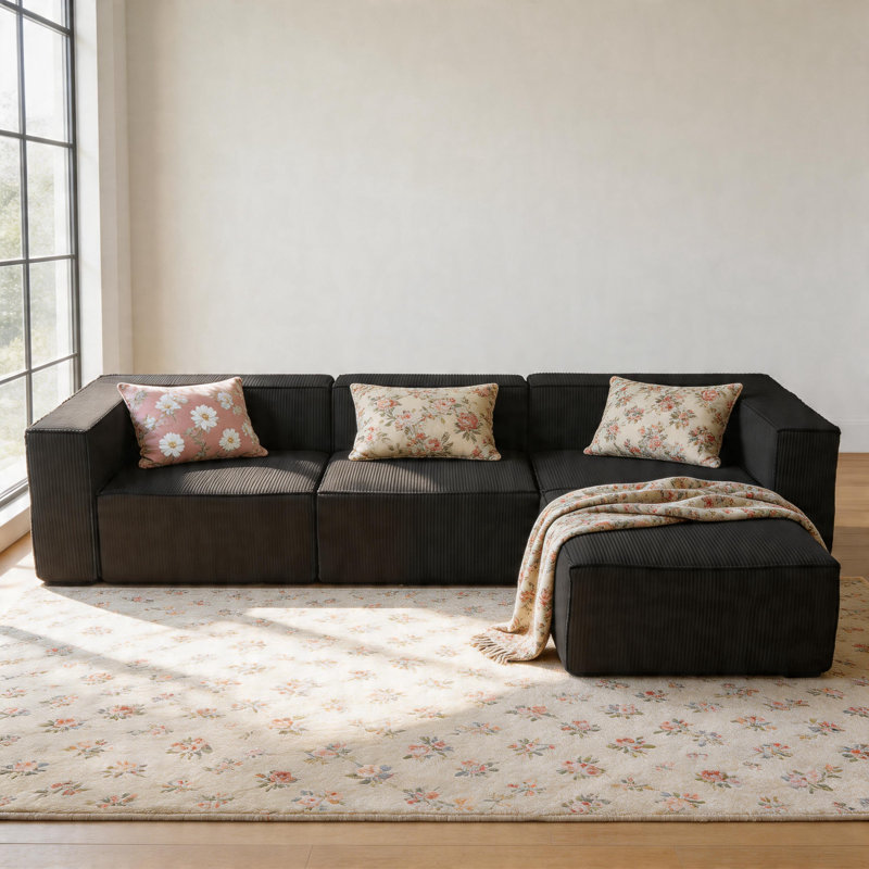 108" Luxury Corduroy Large Compression Module Couch Sofa With Ottoman For Living Room, Black