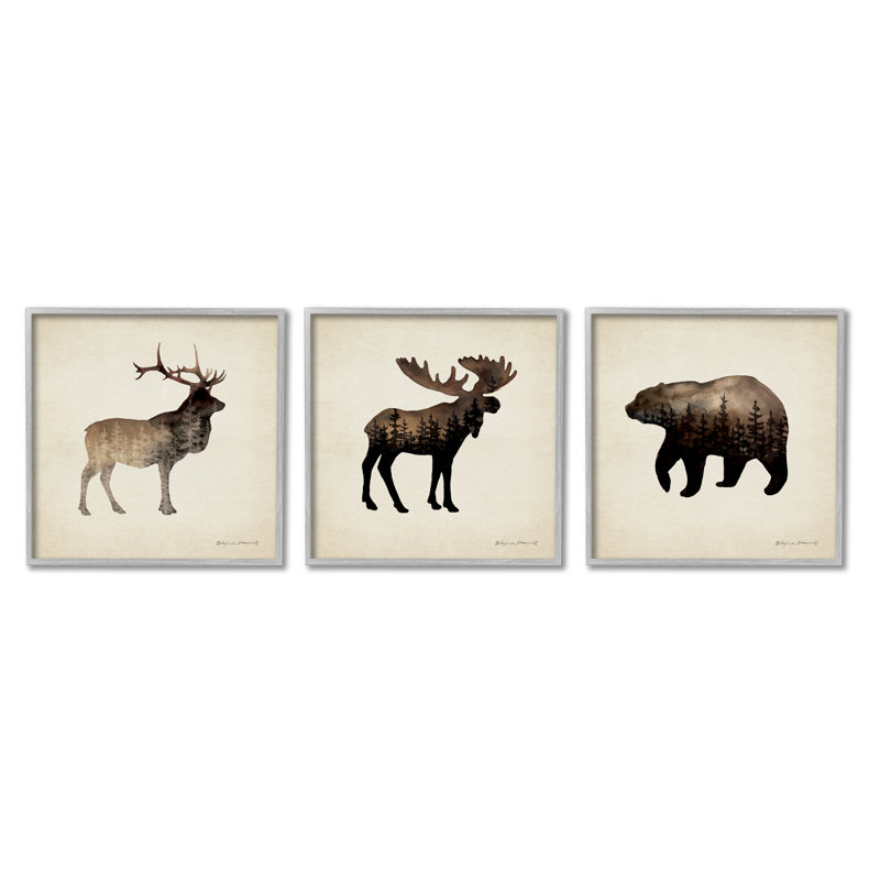 Woodland Animal Silhouettes Rustic Forest Pine Tree Landscape 3Pc Gray Farmhouse