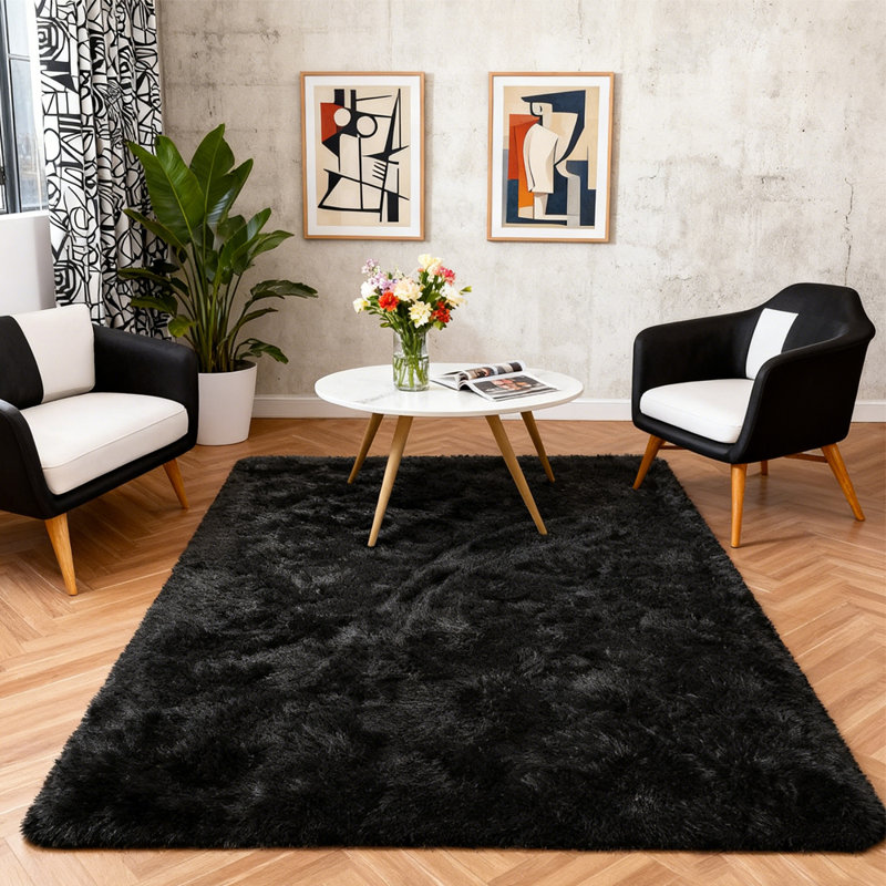 Soft Fluffy Black Faux Sheepskin Area Rug, Rectangle 3' x 5'