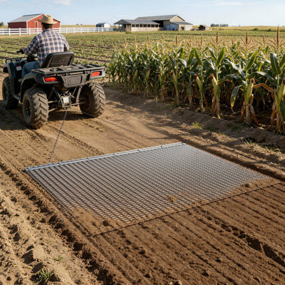 Drag Harrow, 6.6 x 4 ft, High-Efficiency Chain Harrow Rake, ATVs UTVs Tractors Attachments, Durable Galvanized Steel Mesh Drag Mat with Towing Chain, for Gravel Driveway Ruts Farm Field Leveling