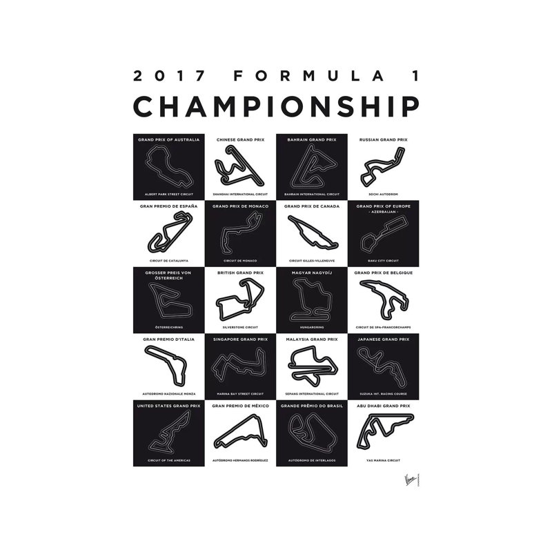 F1 Season 2017 Race Track Minimal Poster by Chungkong - Wrapped Canvas Print, 101.6 cm H x 66.04 cm W x 3.175 cm D