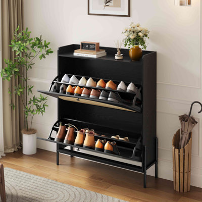2-Drawer Wooden Shoe Cabinet with Rattan Doors / Narrow Freestanding Storage Organizer for Entryway