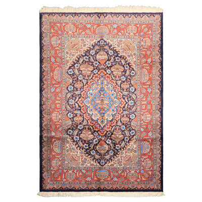 Tapis traditionnel en laine noué à la main bleu marine 6 pi 5 po x 9 pi 9 po
