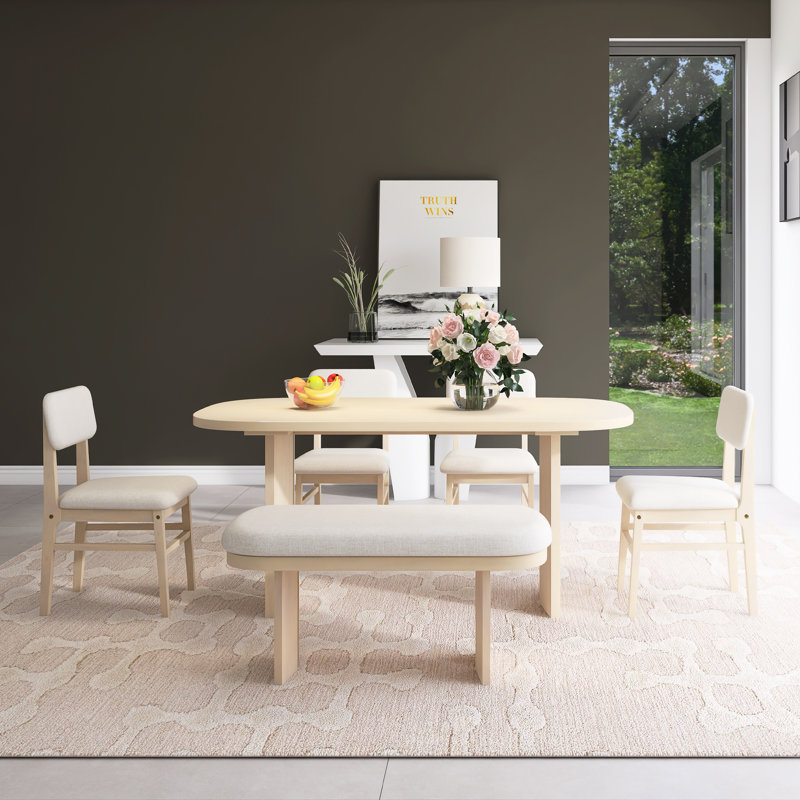 Solid Wood Dining Table Set With Bench - 6-Piece Upholstered Rectangular Dining Room Table Set, Yellow