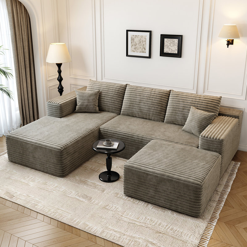 Canapé modulaire 107,5 po avec 1 repose-pieds Cloud, Orienté à gauche (vu de face), Tissu velours côtelé moelleux Camel