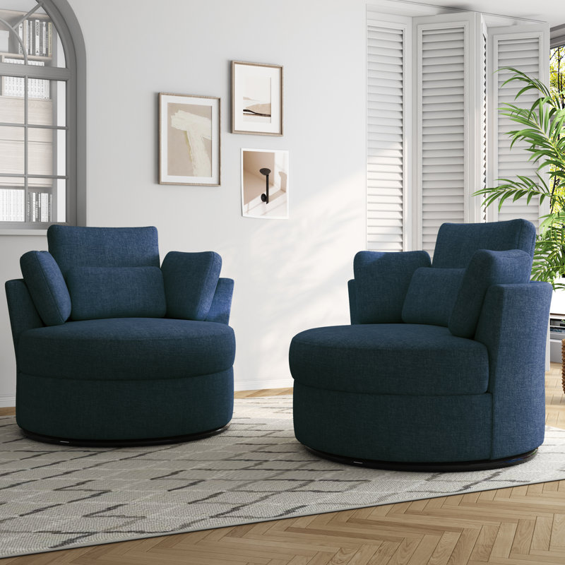 Upholstered Swivel Lounge Armchair With Pillow(Set of 2), Navy Polyester Blend