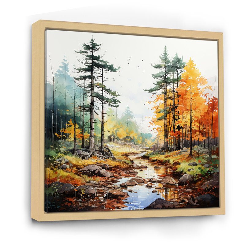 Jaune et orange, rivière d'automne, tranquillité I - rivière, art mural, Cadre flottant brun, H 16 po x l 16 po x P 1 po