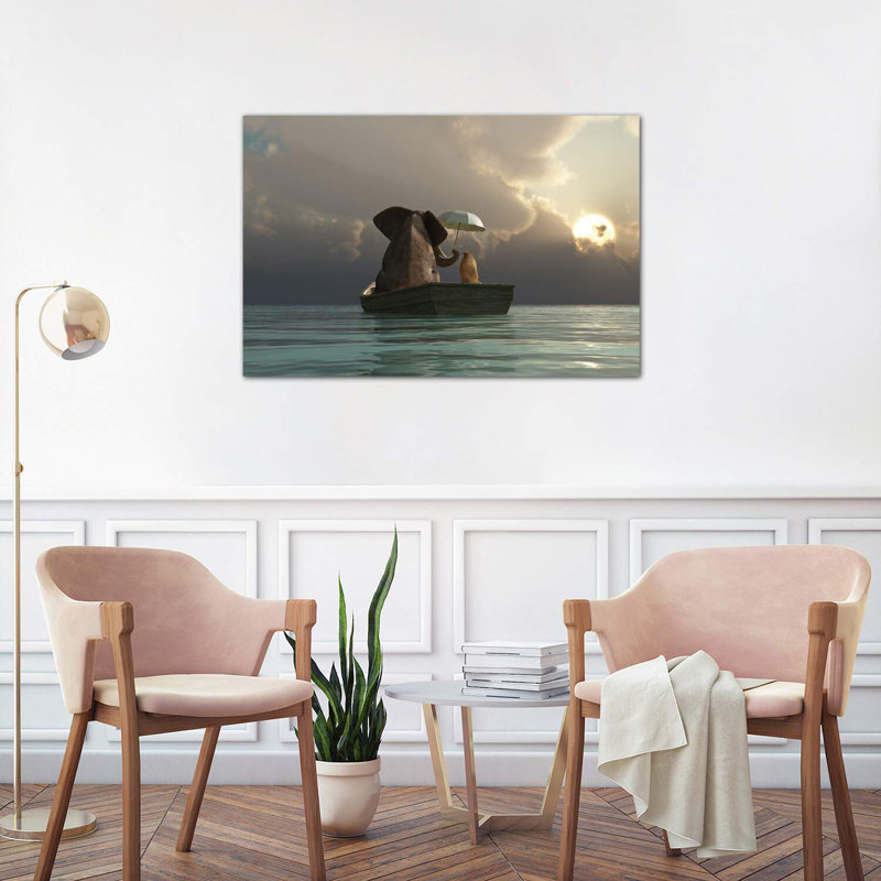 Elephant And Dog Are Floating In A Boat by Mike Kiev - Wrapped Canvas Print, 66.04 cm H x 101.6 cm W x 1.91 cm D
