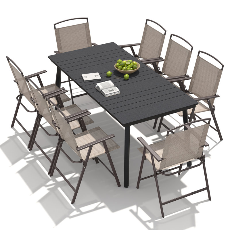  8 - Person Metal Patio Diining Set With Foldable Chairs And Umbrella Hole, Black, Beige