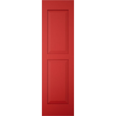 Volets extérieurs Americraft à deux panneaux surélevés égaux en bois véritable (par paire), 15 po L x 84 po H, avec capuchons de volets en aluminium, rouge feu