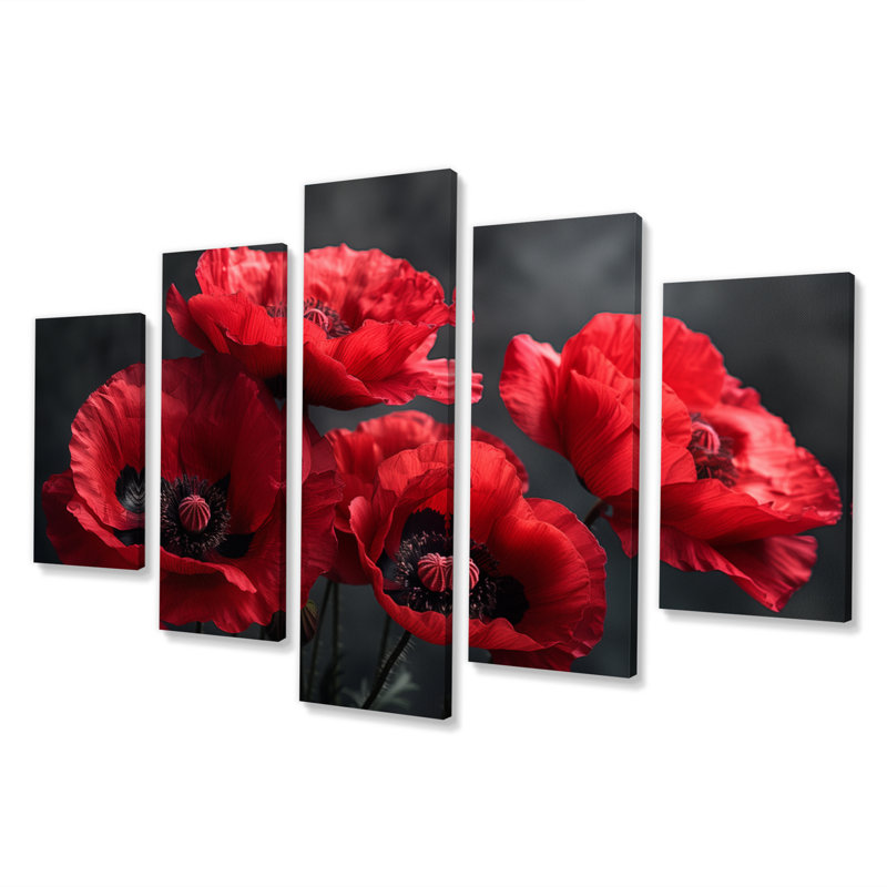 Rouge, noir, coquelicots, monochrome, charme III - coquelicots, ensemble d'art sur toile
