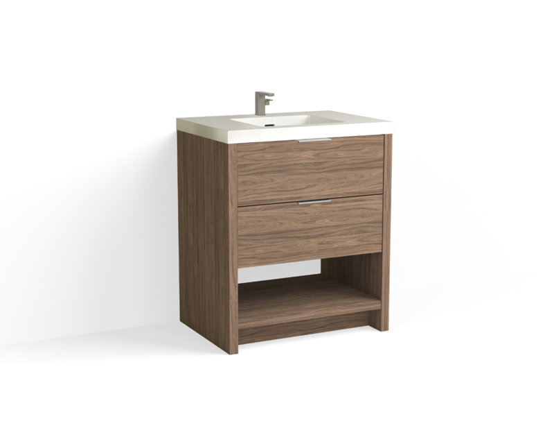 Vue 30" W Freestanding Single Bathroom Vanity, Glossy White/8" Widespread, Nocino, Satin Nickel