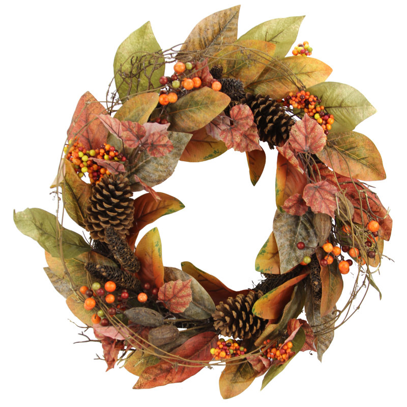 24 Inch Artificial Fall Magnolia Leaf Berry Wreath Autumn Leaves Thanksgiving Harvest Pinecones