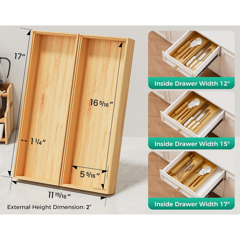 Lot de 2 boîtes de rangement empilables en bambou long pour tiroir de cuisine, 43 x 15 cm, plateau en bois pour couverts et argenterie, bac de rangement pour tiroir à bazar, salle de bain et camping-car.