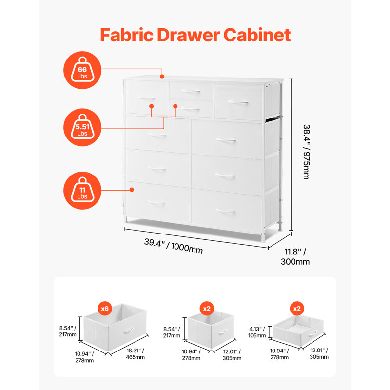 Commode en tissu à 10 tiroirs avec tiroirs et cadre en acier blanc
