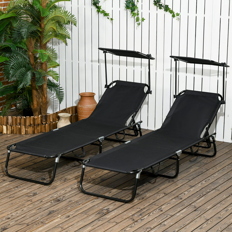 Adjustable Reclining Outdoor Sun Lounger Steel Frame For Pool, Beach, Or Patio With Canopy And Side Pocket, Black