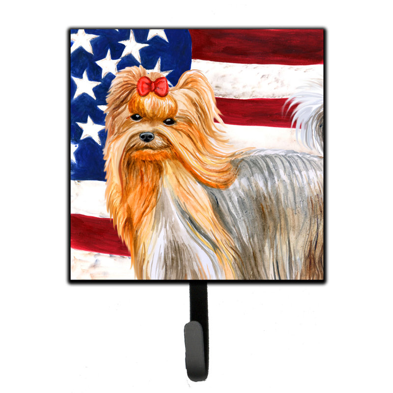 Emrah   Metal Wall Organizer with Key Hooks, Yorkshire Terrier Patriotic, Ivory/Beige/Brown