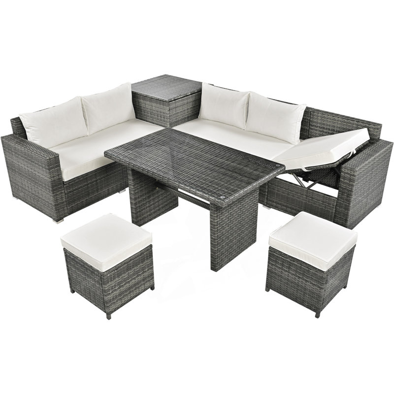 7 - Person Patio Conversation Set with Cushions, Beige, Gray