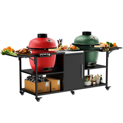 Table de gril en métal compatible avec deux gros œufs, 18 pouces et - Chariot d'extérieur 6 360 roues, 4 verrouillables, argent noir, 108,49 lb, 34,82 po de hauteur, 26,65 de largeur, 101,52 profondeur, tablettes ouvertes, 2 pliables