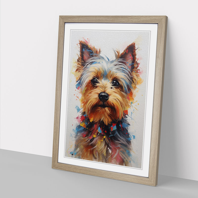 Yorkshire Terrier Hard Edge Painting - Single Picture Frame Print on Wood, 34cm H x 25cm W x 2cm D, Oak