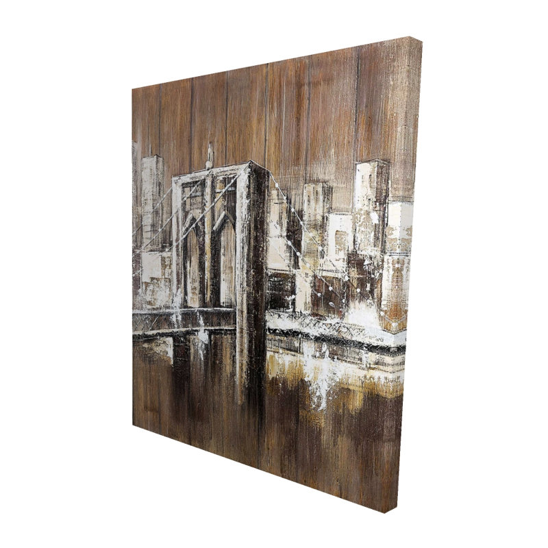 Aged Finish Brooklyn Bridge Canvas | Bedroom Decor - Brown