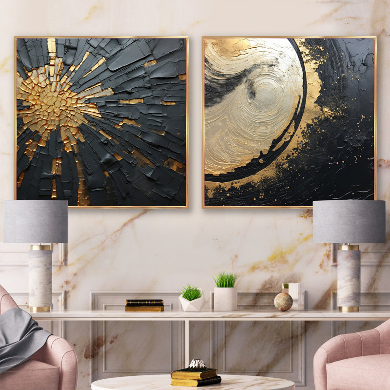 Méditation abstraite noire et dorée II - ensemble de 2 collages abstraits carrés, Cadre flottant doré, H 16 po x l 33 po