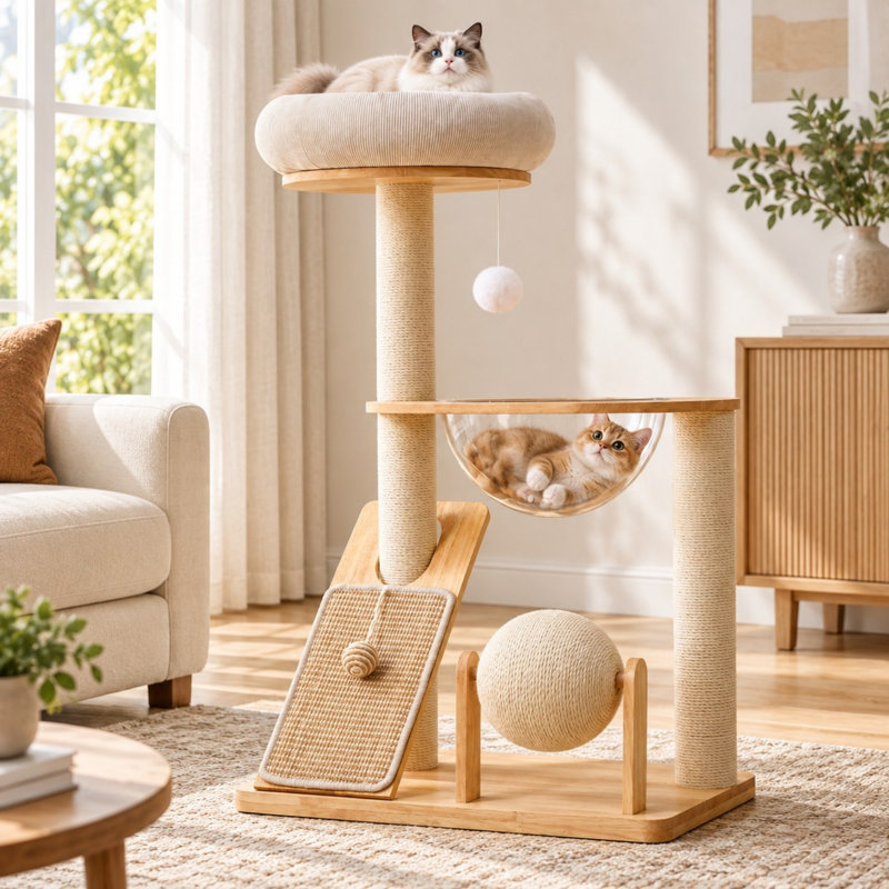 37.8" Solid Rubberwood Cat Tree with Space Capsule, Top Bed and Scratching Posts