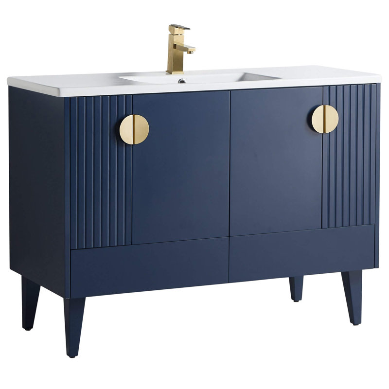 Ensemble de meuble-lavabo simple 48 po Saimah, Laiton satiné, Bleu marine