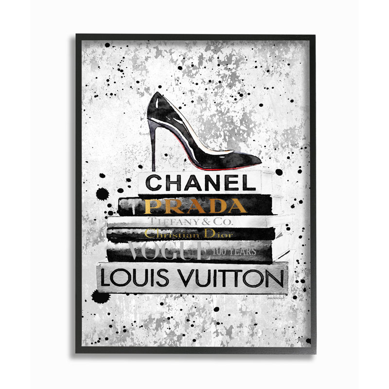 « mode stylisé chaussures bookstack black textured », impression, H 20 po x l 16 po x P 1,5 po, Giclée encadrée noir minuit