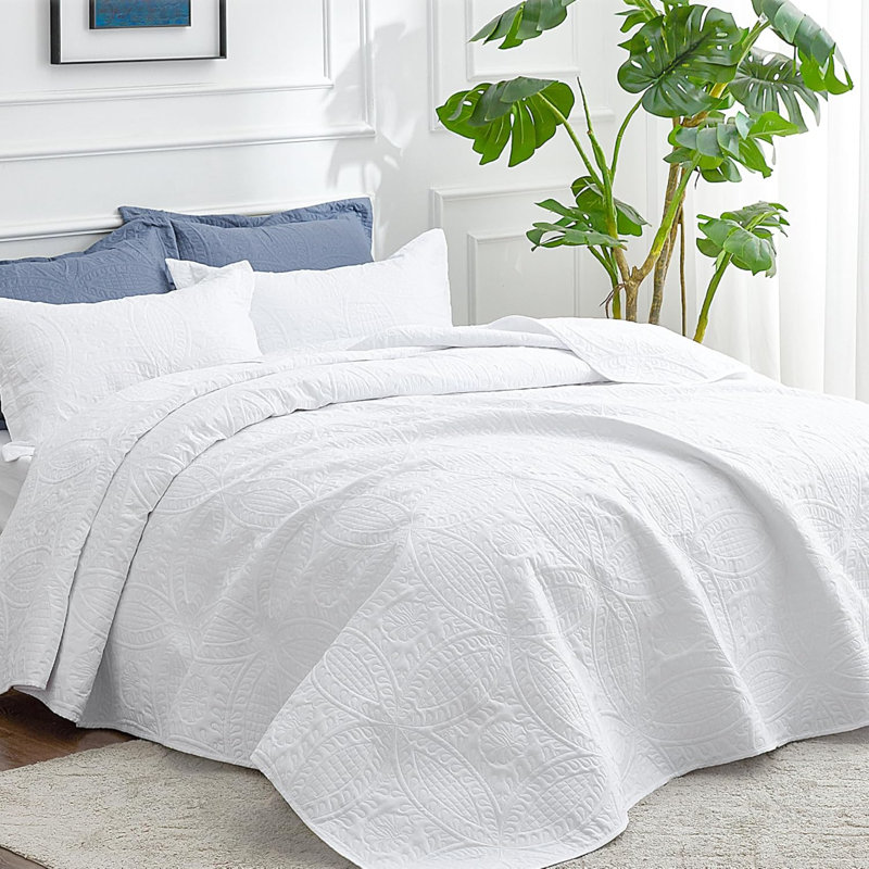 Courtepointe pour grand lit, couvre-lits blancs, courtepointe d'été, couvre-lit léger en microfibre, couvre-lit à motif de pièces de monnaie de style moderne pour toutes les saisons, 3 pièces (1 courtepointe, 2 taies décoratives)