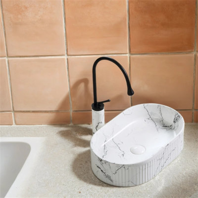 【19x12 Inch Black White Marble Oval Vessel Sink】– Above Counter Porcelain Ceramic Basin With Drain For Bathroom Vanity Lavatory