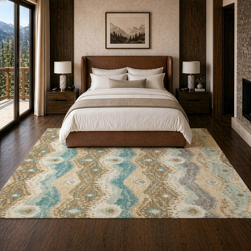 Tapis Shuana ACN3074 Ikat lavable à la machine pour intérieur/extérieur, Sarcelle, 8 pi x 10 pi