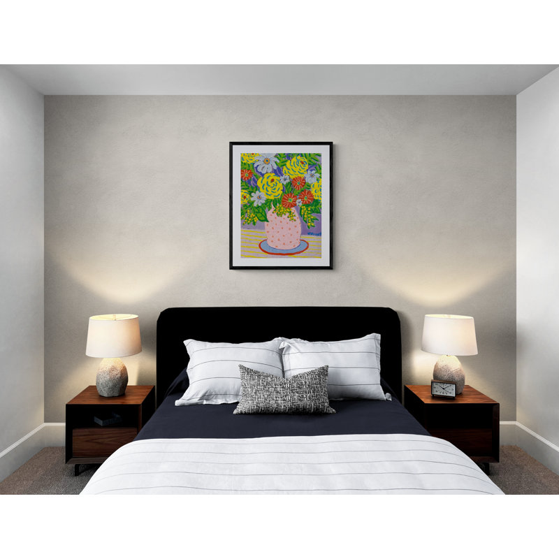 Flowers In Pink Dotted Vase Print by Sue Graef, Black Framed Paper, 30" H x 24" W