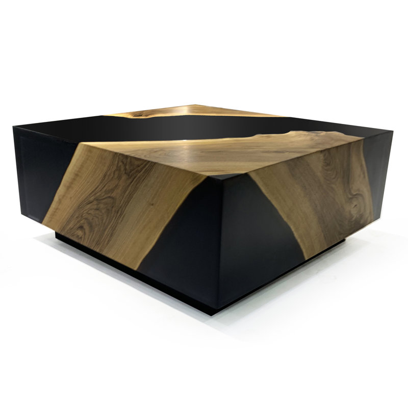 Table basse Monoblock, H 18 po x L 27,6 po x l 27,6 po, Noir mat / bois naturel