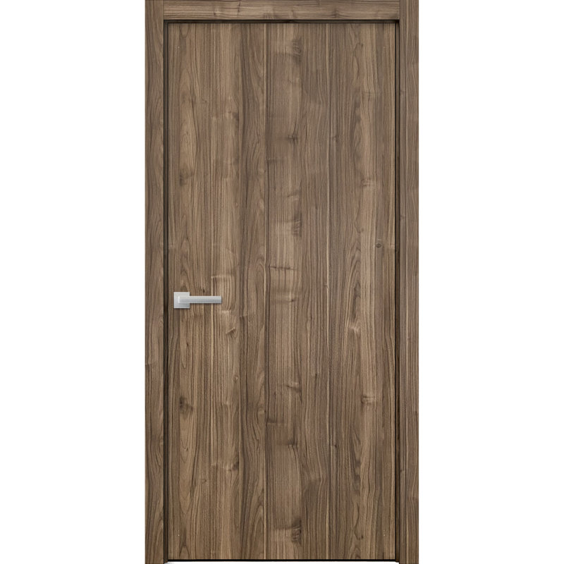 Porte intérieure moderne en bois pré-montée avec quincaillerie Planum 0010, panneau simple, cadre et moulures en noyer, portes robustes pour salle de bain et chambre à coucher - 76 cm x 203 cm