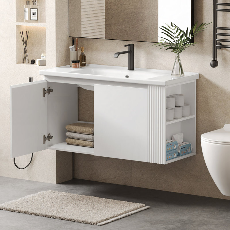 Meuble-lavabo mural moderne et polyvalent avec lavabo en céramique, meuble-lavabo flottant avec poignées à fermeture en douceur à 45 degrés et 2 tablettes latérales ouvertes, grand espace de rangement