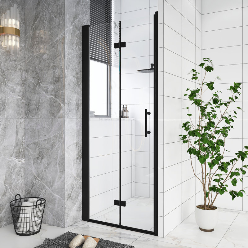 32.In W X 72.In H Bifold Shower Door, 1/4 In Thick Tempered Glass, Matte Black Aluminum Frame, Explosion Proof Film